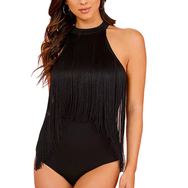 Womens Fringe Trim Sleeveless Bodycon Halter Bodysuit Top
