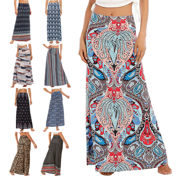 Women Floral Print Skirts Casual Flowy Long Skirts Boho Summer Beach Skirts
