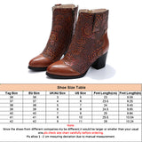 Women Vintage Chunky Block High Heel Ankle Boots Zipper Flower Print Anti Slip Comfy Shoes