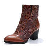 Women Vintage Chunky Block High Heel Ankle Boots Zipper Flower Print Anti Slip Comfy Shoes