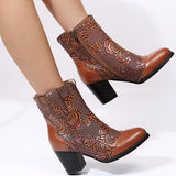 Women Vintage Chunky Block High Heel Ankle Boots Zipper Flower Print Anti Slip Comfy Shoes