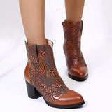 Women Vintage Chunky Block High Heel Ankle Boots Zipper Flower Print Anti Slip Comfy Shoes