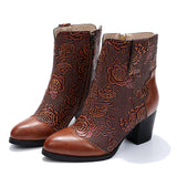 Women Vintage Chunky Block High Heel Ankle Boots Zipper Flower Print Anti Slip Comfy Shoes