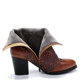 Women Vintage Chunky Block High Heel Ankle Boots Zipper Flower Print Anti Slip Comfy Shoes