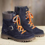 Womens Flat Ankle Boots Round Toe Lace Up Zipper Winter Warm Knitting Shoes
