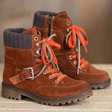 Womens Flat Ankle Boots Round Toe Lace Up Zipper Winter Warm Knitting Shoes