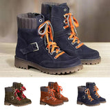 Womens Flat Ankle Boots Round Toe Lace Up Zipper Winter Warm Knitting Shoes