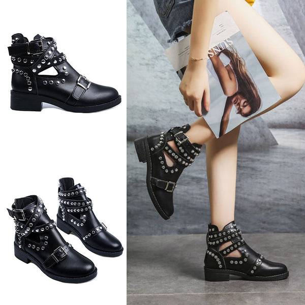 Womens Ankle Boots Rivet Ladies Flat Casual Low Heel Stylish Biker Shoes