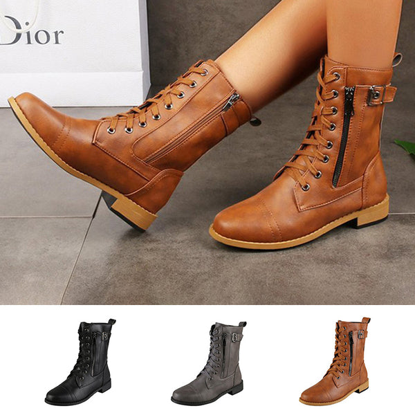 Ladies Lace Up Ankle Boots Chunky Platform Womens Biker Combat Zip Up Shoes Size