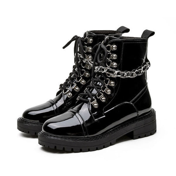 Womens Chain Chunky Platform Ankle Boots Lace Up Zip Combat Army Goth Punk Boot