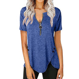 Women Summer Top V Neck Split Zippers Shirt Solid Color Summer Basic Tee Tops