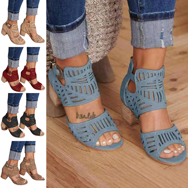 Women Chunky Sandals Hollow Thick Block Heels Shoes Peep Toe Breathable Shoes