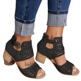 Women Chunky Sandals Hollow Thick Block Heels Shoes Peep Toe Breathable Shoes