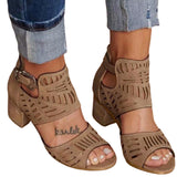 Women Chunky Sandals Hollow Thick Block Heels Shoes Peep Toe Breathable Shoes