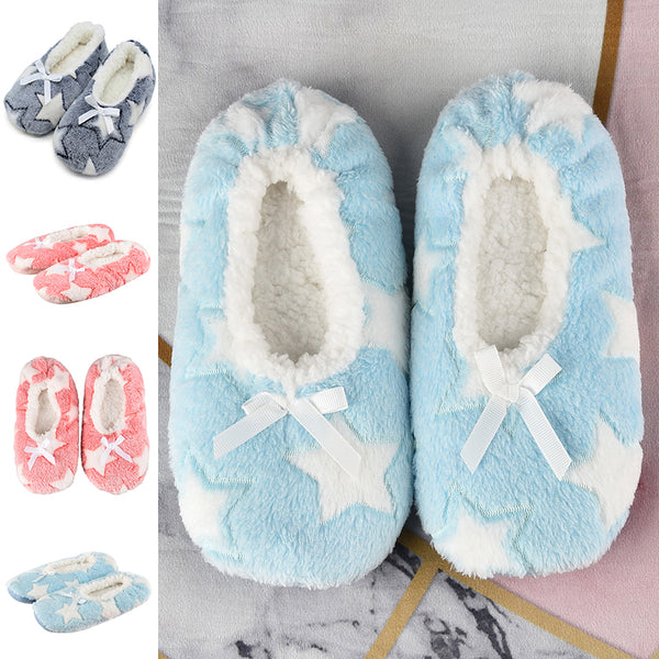 1-2 Pair Winter Warm Shoes Women Stars Print Plush Slippers Indoor Floor Shoes