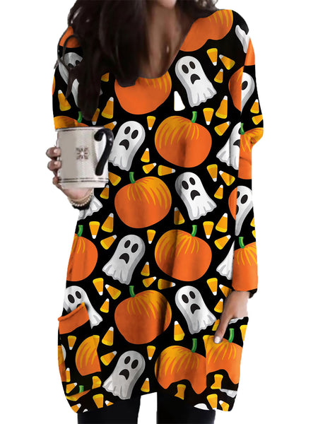 Casual Sweatshirt for Women Halloween Shirts Long Sleeve Black Cat Shirt Baggy Loose Fit Pullovers with Pockets Pumpkin Print 2 M