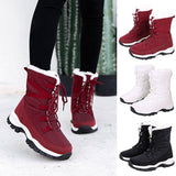 New Women's Plush Lined Snow Boots Lace Up Winter Mid Calf Platform Warm Boots
