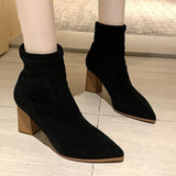 Women Suede Block Chunky Heel Ankle Boots Pointed Toe Casual Comfort Winter Shoes Fashion