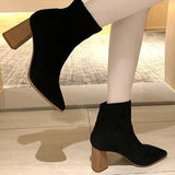 Women Suede Block Chunky Heel Ankle Boots Pointed Toe Casual Comfort Winter Shoes Fashion