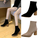 Women Suede Block Chunky Heel Ankle Boots Pointed Toe Casual Comfort Winter Shoes Fashion