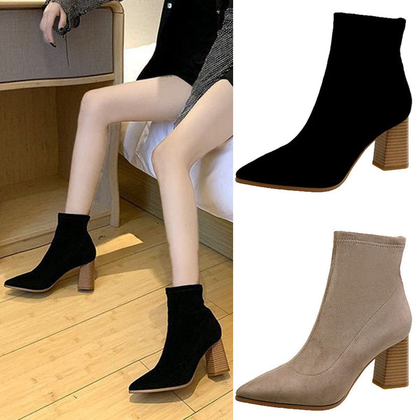 Women Suede Block Chunky Heel Ankle Boots Pointed Toe Casual Comfort Winter Shoes Fashion