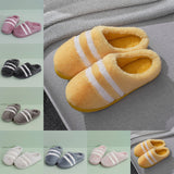 Unisex Adults Stripes Slip On Round Toe Cotton Slipper Plush Keep Warm Slippers