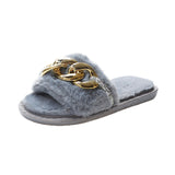 Womens Metal Chain Flat Plush Slippers Open Toe Winter Warm Mues Shoes Sliders