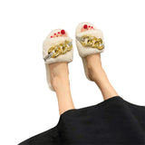 Womens Metal Chain Flat Plush Slippers Open Toe Winter Warm Mues Shoes Sliders
