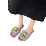 Womens Metal Chain Flat Plush Slippers Open Toe Winter Warm Mues Shoes Sliders
