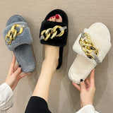 Womens Metal Chain Flat Plush Slippers Open Toe Winter Warm Mues Shoes Sliders