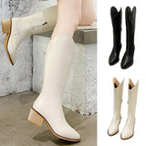 Womens Pointed Toe Casual Boots Chunky Block Mid Calf Boots Slip On Fashion Shoe