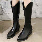 Womens Pointed Toe Casual Boots Chunky Block Mid Calf Boots Slip On Fashion Shoe