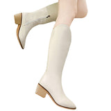 Womens Pointed Toe Casual Boots Chunky Block Mid Calf Boots Slip On Fashion Shoe