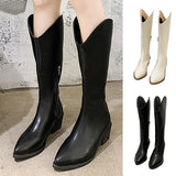 Womens Pointed Toe Casual Boots Chunky Block Mid Calf Boots Slip On Fashion Shoe