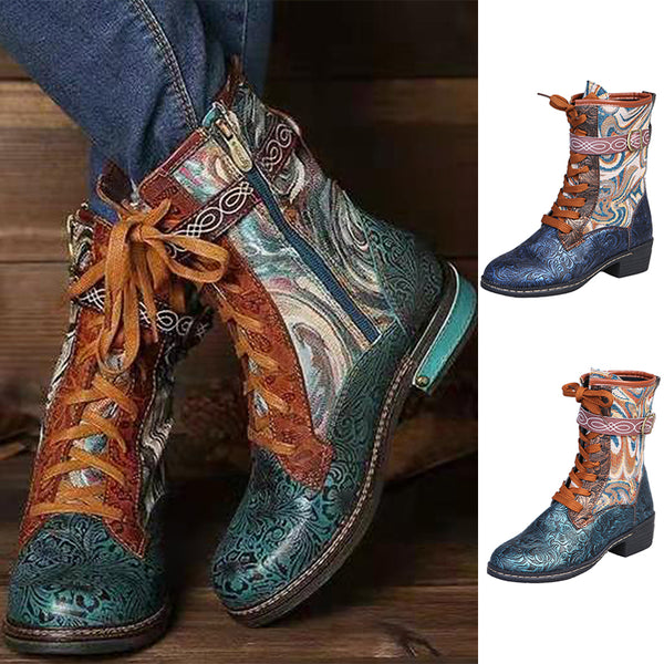 Ladies Lace Up Ankle Boots Chunky Platform National Style Retro Fashion Shoes