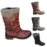 Womens Ladies Winter Warm Zip Up Boots Buckle Knee Length High Flat Block Shoes