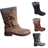 Womens Ladies Winter Warm Zip Up Boots Buckle Knee Length High Flat Block Shoes