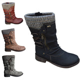 Womens Ladies Winter Warm Zip Up Boots Buckle Knee Length High Flat Block Shoes