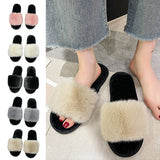Ladies Furry Fluffy Sliders Mules Slip On Womens Slippers Flat Sandals Shoes