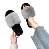 Ladies Furry Fluffy Sliders Mules Slip On Womens Slippers Flat Sandals Shoes