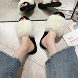 Ladies Furry Fluffy Sliders Mules Slip On Womens Slippers Flat Sandals Shoes