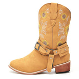 Ladies Cowboy Slip On Mid Calf Block Chunky Heel Boots Floral Closed Toe Anti Slip Casual Shoes
