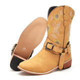 Ladies Cowboy Slip On Mid Calf Block Chunky Heel Boots Floral Closed Toe Anti Slip Casual Shoes