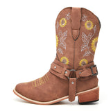 Ladies Cowboy Slip On Mid Calf Block Chunky Heel Boots Floral Closed Toe Anti Slip Casual Shoes