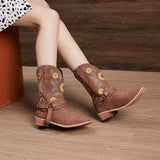 Ladies Cowboy Slip On Mid Calf Block Chunky Heel Boots Floral Closed Toe Anti Slip Casual Shoes