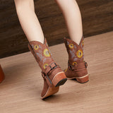 Ladies Cowboy Slip On Mid Calf Block Chunky Heel Boots Floral Closed Toe Anti Slip Casual Shoes