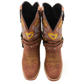 Ladies Cowboy Slip On Mid Calf Block Chunky Heel Boots Floral Closed Toe Anti Slip Casual Shoes