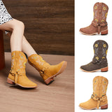 Ladies Cowboy Slip On Mid Calf Block Chunky Heel Boots Floral Closed Toe Anti Slip Casual Shoes
