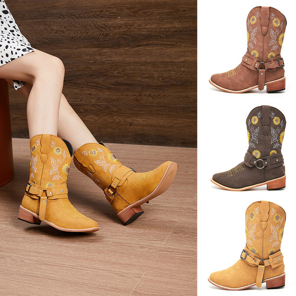Ladies Cowboy Slip On Mid Calf Block Chunky Heel Boots Floral Closed Toe Anti Slip Casual Shoes