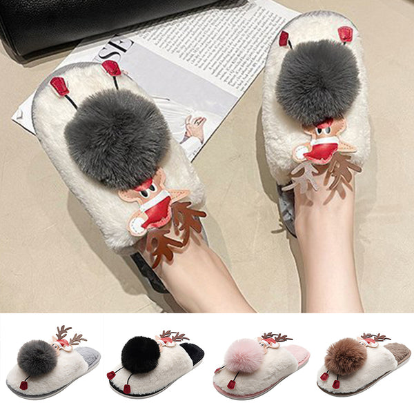 Womens Winter Warm Slipper Christmas Reindeer Indoor Floor Flat Girls Cute Shoes
